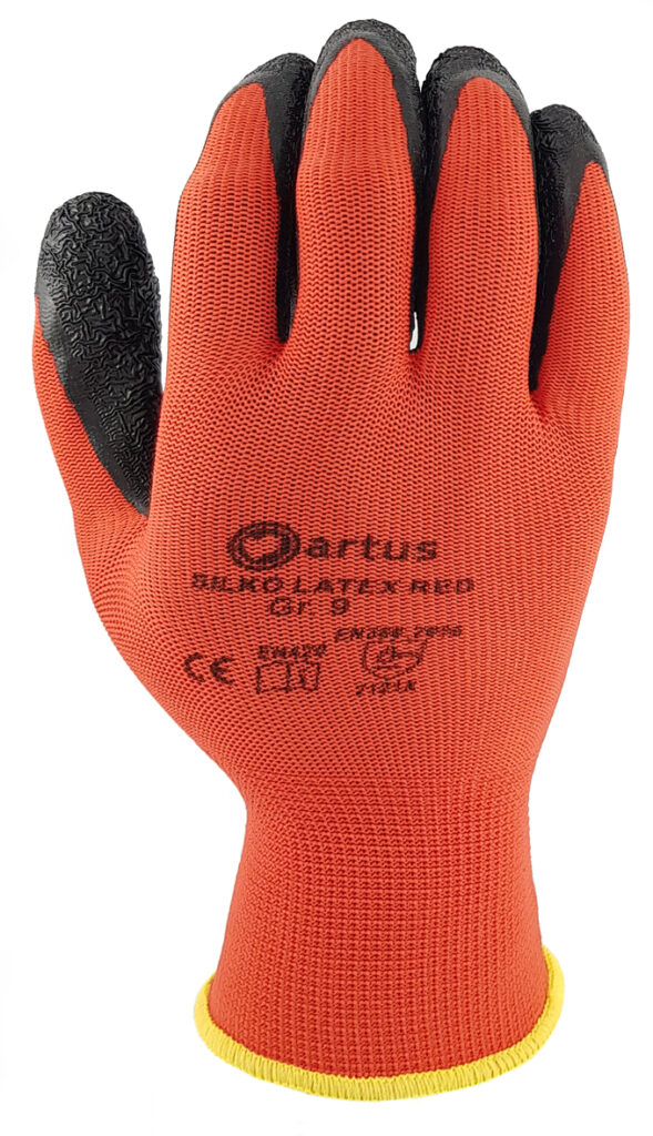 Montage-Strickhandschuh rot Artus Silko Latex, 12 Paar, Arbeitshandschuh, Montagehandschuh, Schutzhandschuh, Gartenhandschuh,